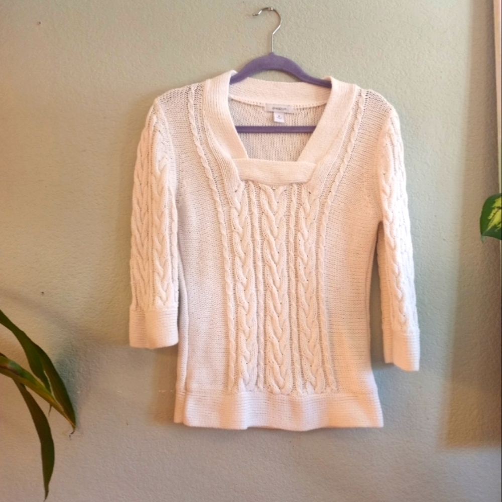 White Cable Knit Classic Fisherman 3/4 Sleeve Square Neck Coastal Cotton Sweater